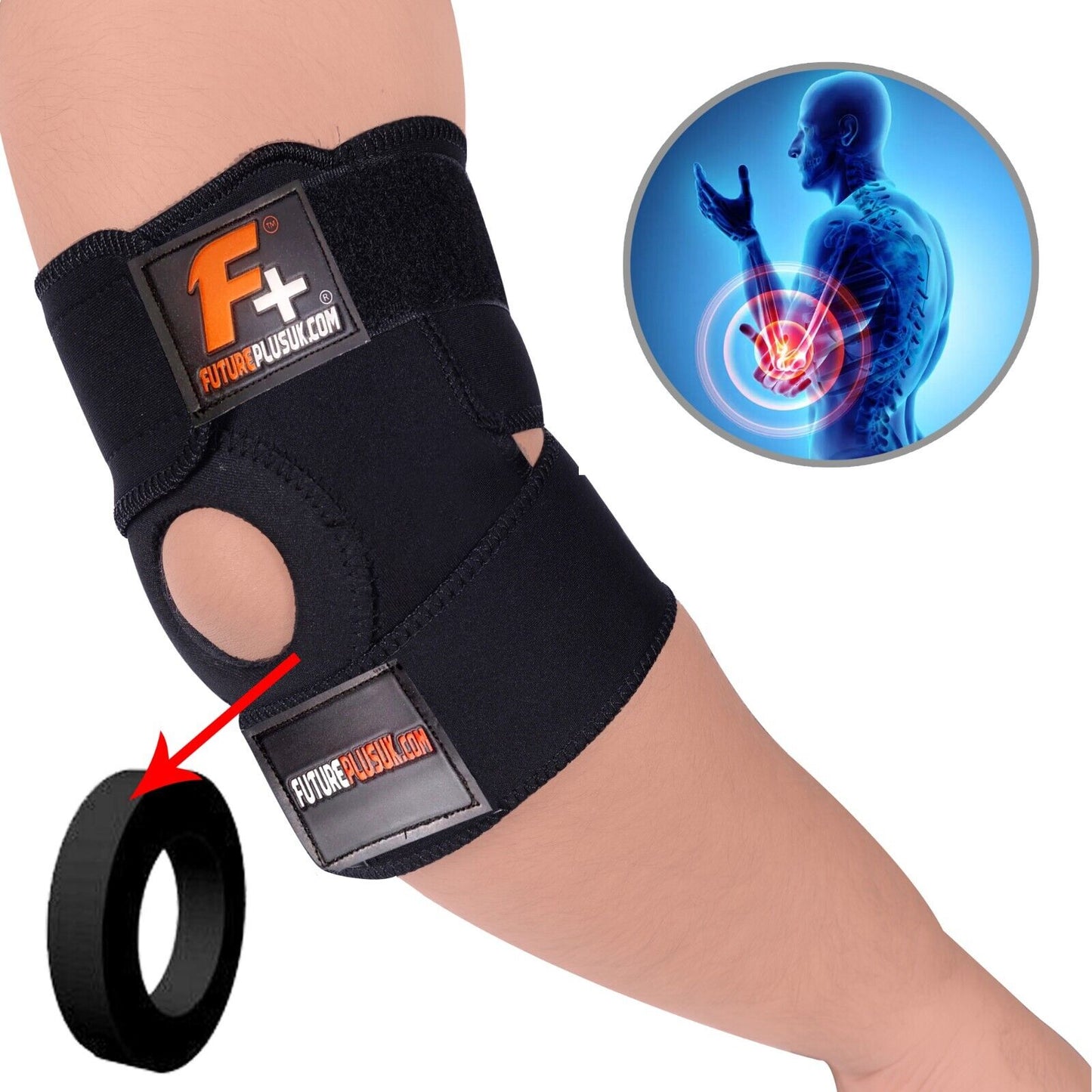 F+ Neoprene Adjustable Elbow Support Brace Tennis Arthritis Black Strap Use NHS