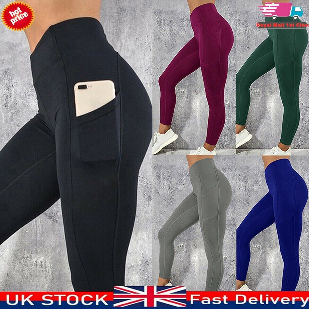 Women High Waist Gym Leggings Pocket Fitness Sports Running Ladies Yoga Pants UK